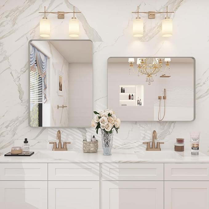 16x24 Inch Brushed Nickel Bathroom Vanity Mirror | Silver Metal Framed Mirror, Rounded Rectangle, Anti-Rust, Shatterproof, Hangs Horizontally or Vertically