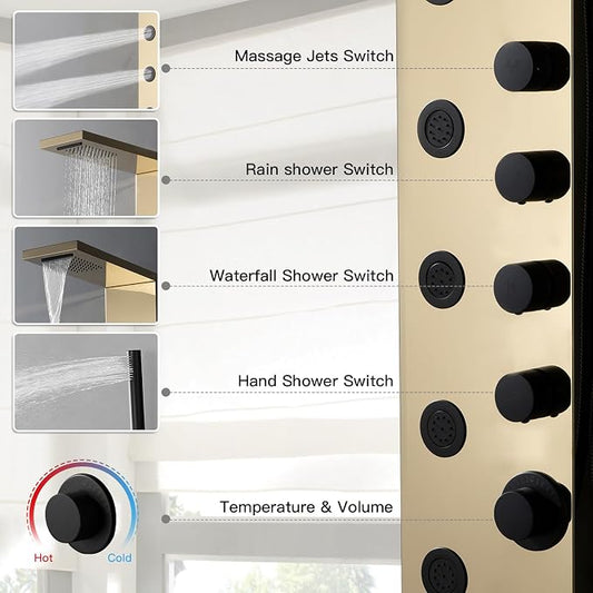 Shower Panel Tower System with Rainfall Shower Head | 5 Body Jets and Handheld Shower Head,Modern Massage Shower System Polished Gold and Black by Homevacious