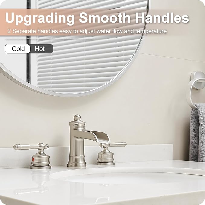 Waterfall Bathroom Faucet Matte Brushed Nickel, Brass 3 Hole Faucet Bathroom Sink Faucet Widespread 4-16 Inch Faucet for Bathroom Sink, 2 Handle Bathroom Faucets with Pop-up Drain & Water Hoses