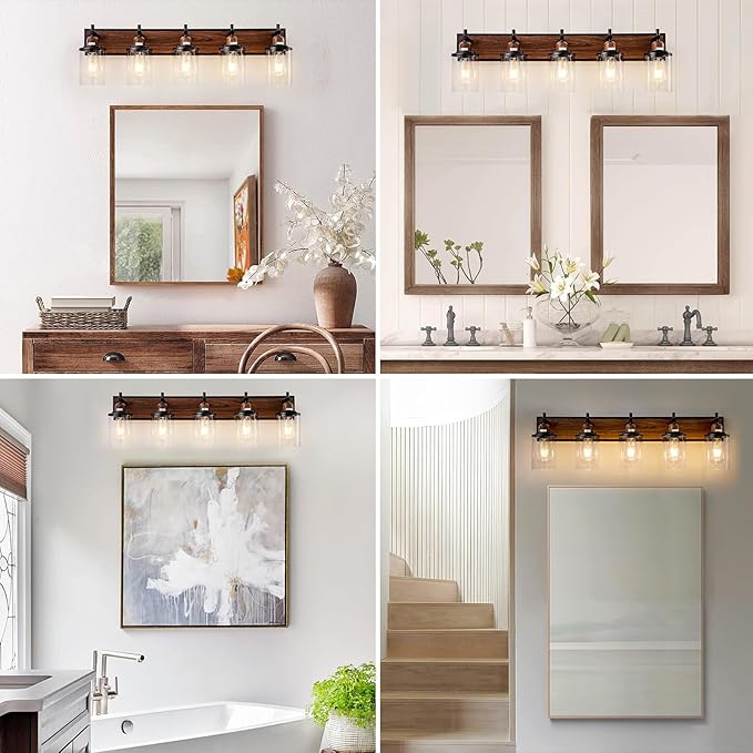 5-Light Farmhouse Bathroom Light Fixtures Vintage Bathroom Vanity Lights Over Mirror Black and Wood Painted Metal Vanity Light for Bathroom with Glass Shades E26 Socket