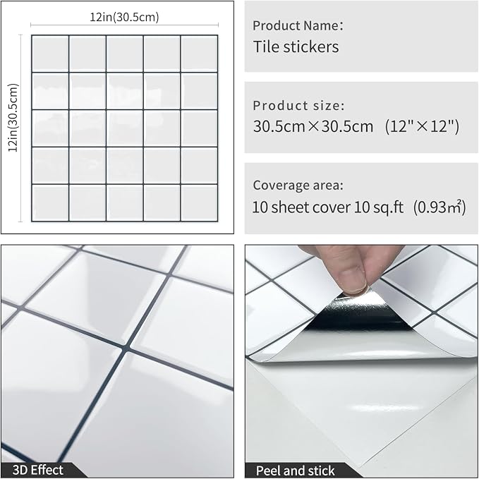 DEWOO Peel and Stick Backsplash Self Adhesive Wall Tiles White,10-Sheet | Checkered,Solid,Square,Sticky,for Kitchen,Bathroom,Laundry,Sink,12"×12"