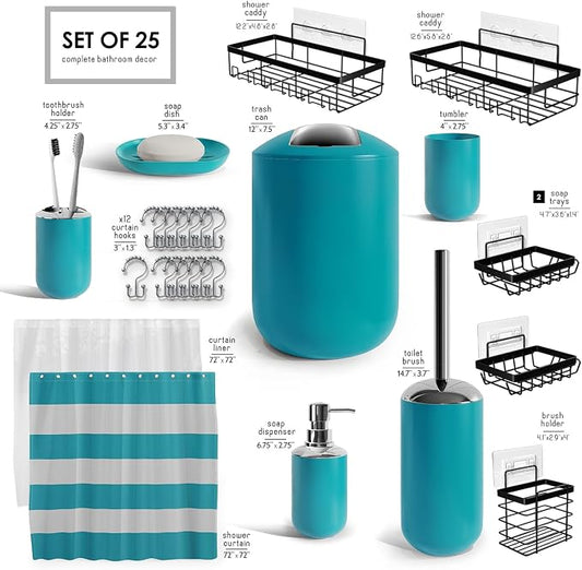 Clara Clark Bathroom Accessories Set - Bathroom Set with Adhesive Corner Shower Caddy Hanging, 25PC Bathroom Accessory Set, Teal Shower Curtain Set, Toilet Brush, Trash Can & Soap Dispenser