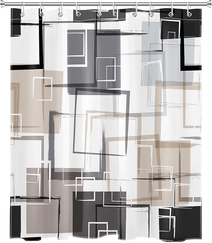 Black and Tan Geometric Shower Curtain with Hooks, Grey and White Abstract Striped on White Fabric Shower Curtain for Bathroom Decor Modern Minimalist Shower Curtain Set,72L X 60W inches