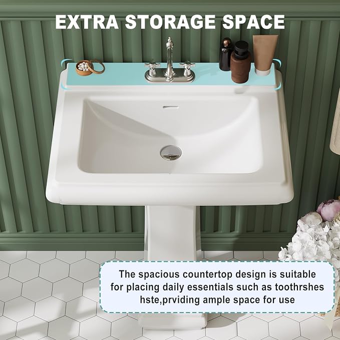Pedestal Sink Square Ceramic Basin with 4 inch 3-Hole Faucet Setup, Large Bathroom Sink for Home Renovation, Classic Pedestal Style for Guest and Main Bathrooms