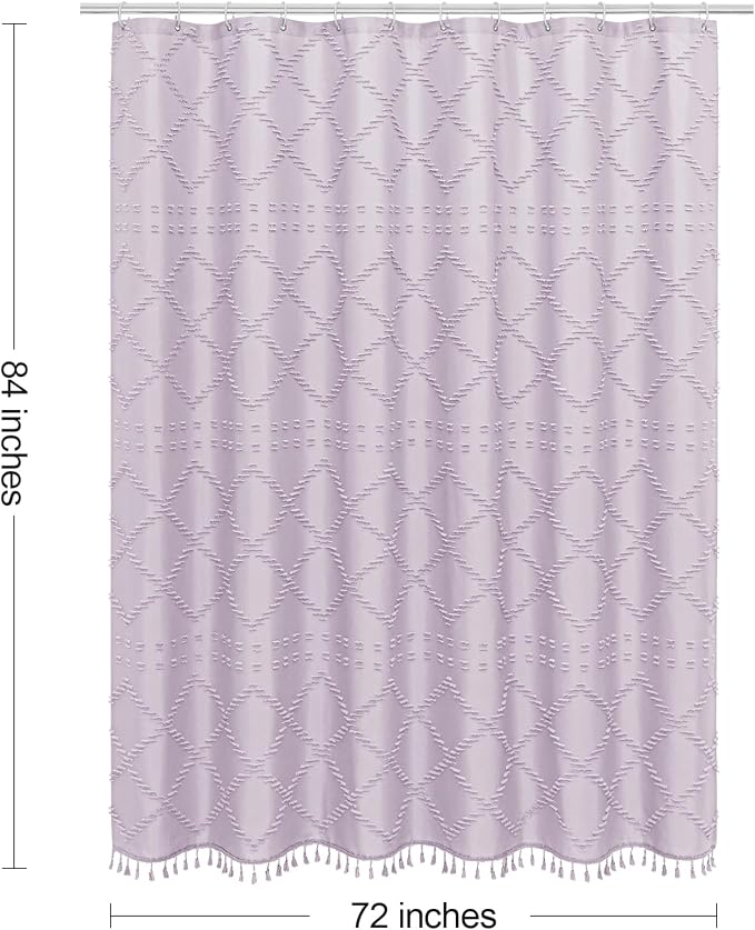 Lavender Boho Fabric Shower Curtain with Tassel 72x84, Tufted Textured | Modern Farmhouse Curtain for Bathroom, Extra Long Bathroom Curtain, Minimalist Decor, Waterproof