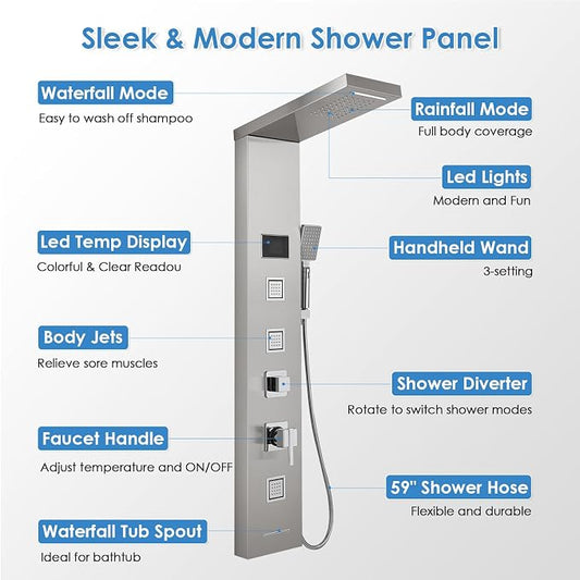 ROVOGO Shower Panel Tower With Led Lights & Digital Display, Water Powered | Rainfall Waterfall Shower Head, Body Jets, Handheld, Tub Spout, Stainless Steel Shower Column with Brass Valve, 50", Brushed