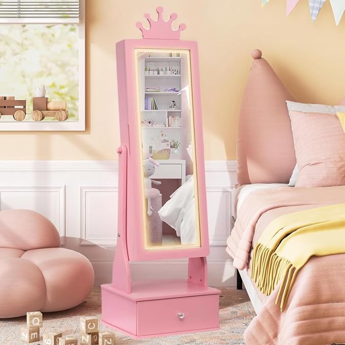 GarveeHome Kids Jewelry Armoire,Child Jewelry Cabinet with Led Light,Freestanding Jewelry Organizer with Full Length Mirror&Storage Drawers,Kids Vanity Dress Up Mirror Jewelry Cabinet for Girls(Pink)