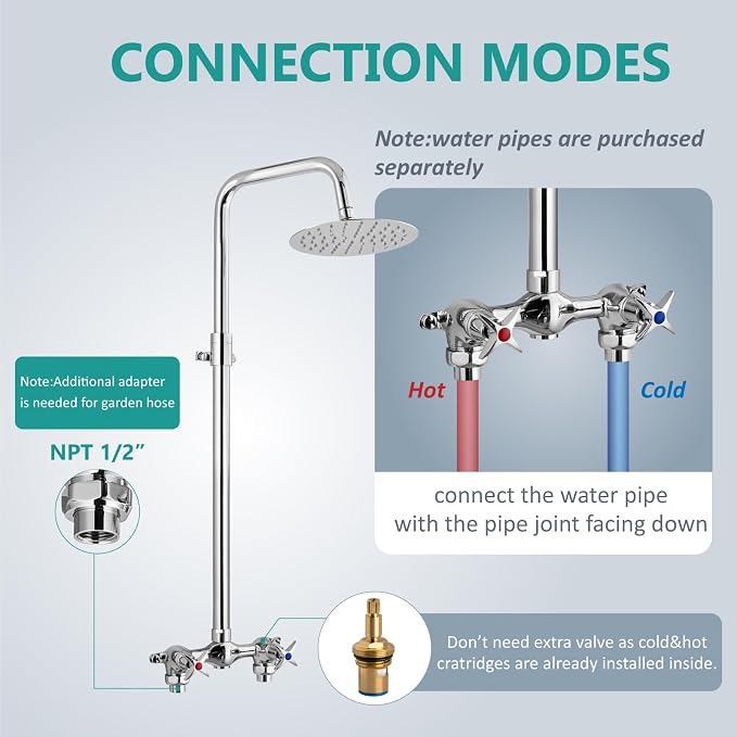 Aolemi Outdoor Shower Kit,8 Inch Rain Head,Hot and Cold,Polish Chrome | 2-Handle Control Outdoor Shower Fixtures,Adjustable Height,6-Inch Center Valve,Winter Drainage,Exposed Shower