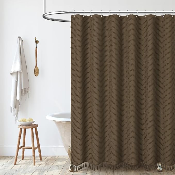 Extra Long Boho Fabric Shower Curtain Tufted Chevron 72"x84" Brown | 84 Inch Tall, Elegant Tassel, Lightweight Textured Fabric, Water Repellent, Washable, Hotel Spa, for Bathroom/Dorm 12 Hooks