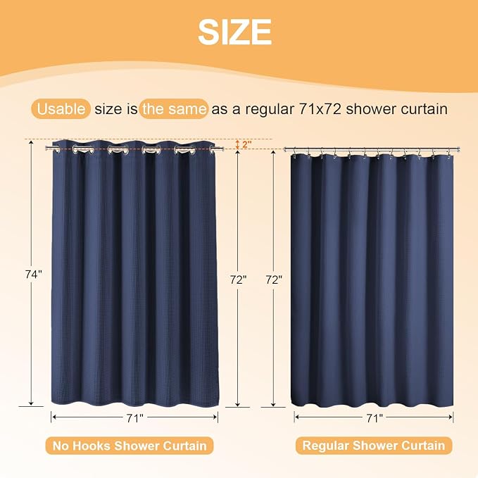 River Dream Cotton Blend No Hook Shower Curtain with Liner, Navy, 71x74 | with Snap in Liner, Heavyweight Waffle Fabric, Hotel Grade for Bathroom, Water Repellent, Corner Magnets, Machine Washable
