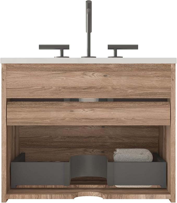 24" Floating Bathroom Vanity with Sink, Modern Wall Mounted Floating Vanity with Ceramic Sink, Double Soft-Close Drawers for Small Space, Apartment, Rough Oak