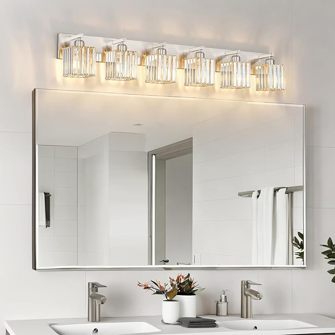 Modern Vanity Light 6-Lights Brushed Nickel Vanity Light Crystal Bathroom Wall Light Bathroom Light Fixtures