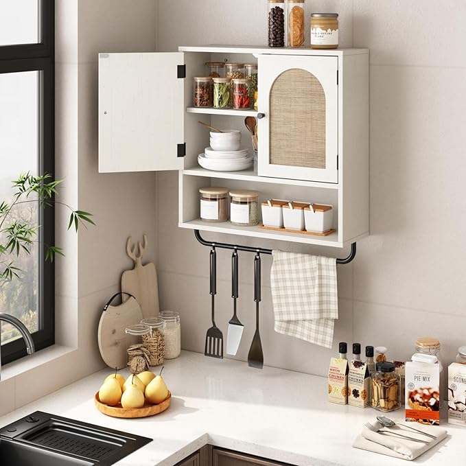 RUSTOWN Rattan Bathroom Wall Cabinet, Boho Medicine Cabinet with 2 Doors | Arched Doors, Farmhouse Over The Toilet Storage Cabinets, Adjustable Shelves, Towel Bar, 3-Tier Wall Mounted Cabinets