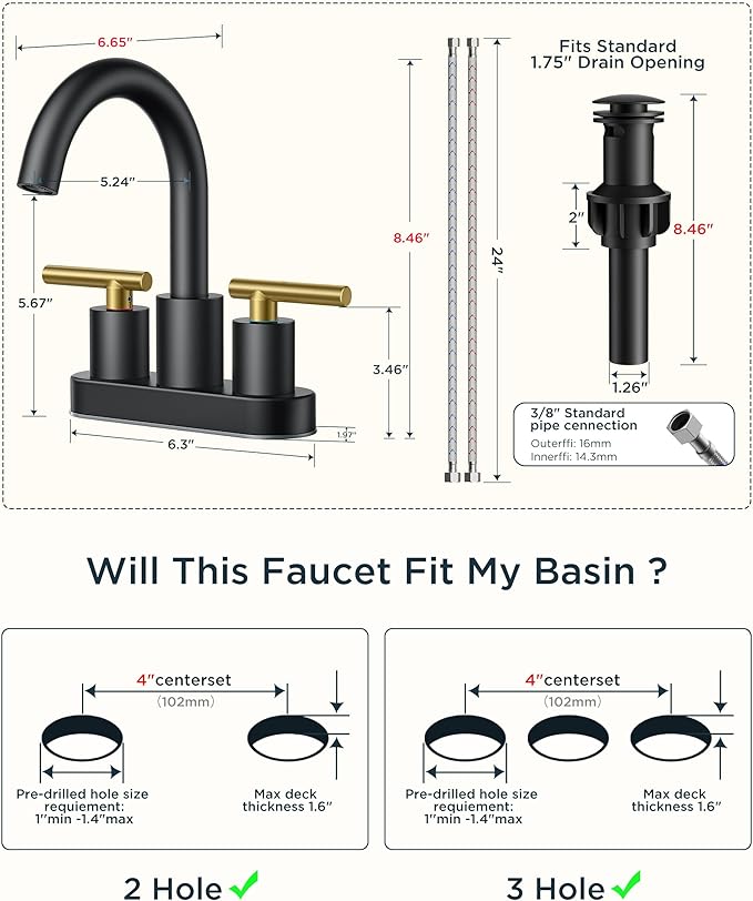 FORIOUS 4 in Black and Gold Bathroom Faucet Centerset, Restroom Sink Faucet | 4" Gold and Black Bathroom Sink Faucet Centerset, 2 Handle Swivel Faucet for Bathroom Sink with Pop up Drain and Supply Lines
