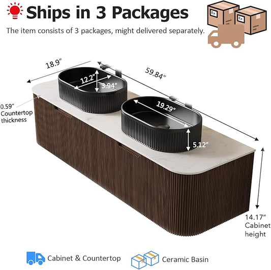 60" Floating Bathroom Vanity with Sink, Wall-Mount Cabinet with 2 Large Storage Drawer, 2 Black Oval Bathroom Ceramic Basins and Marble Top, Soft-Close Design, Dark Walnut