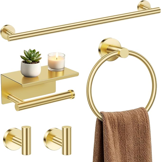 TURS Brushed Gold 5-Piece Bathroom Hardware Set Towel Bar Set SUS304 Stainless Steel Towel Racks for Bathroom Wall Mounted, 23.6-Inch