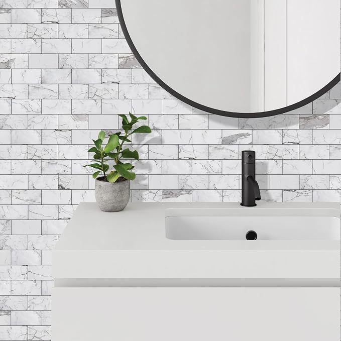 Vamos Tile 100-Piece Glossy Statury White Peel and Stick Backsplash Tile,3''x6'' PVC Subway Tile with Dark Gray Grout, Stick on Backsplash for Kitchen/Bathroom/Fireplace