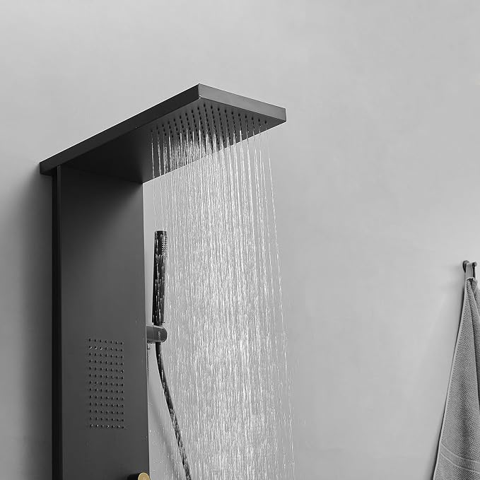 Shower Panel Tower System 3-Functions Wall Mount Black | Stainless Steel,Square Rainfall Shower Head,Massage Body Jets and Handheld,Contrast Gold Control Knobs,Modern Minimalist