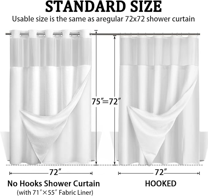 White Shower Curtain and Liner Set,230GSM Waffle Weave Textured Heavy Duty Hotel No Hook Shower Curtain 75" L x 72" W
