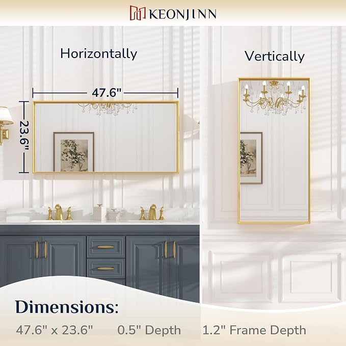 Keonjinn 48x24 Inch Gold Bathroom Mirror for Over Sink, Rectangular | HD Tempered Glass, Vanity Mirror, Brushed Framed, Square Corner, Modern Farmhouse, Wall Mounted Mirrors, Aluminum Alloy