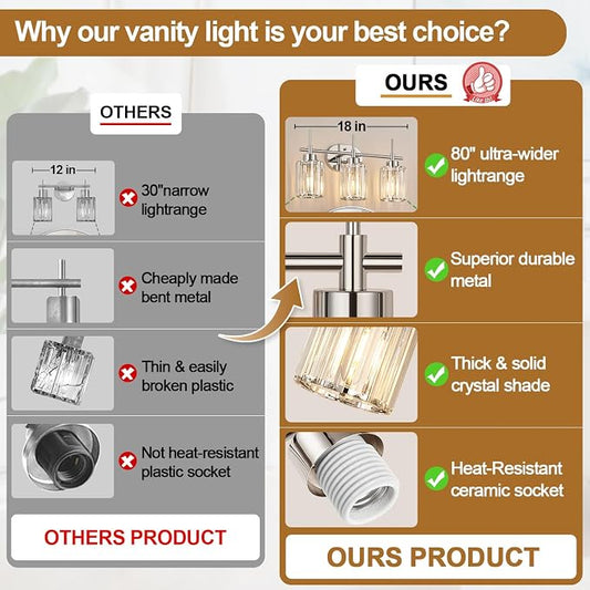Modern Crystal Bathroom Vanity Light, 3-Light Chrome Vanity Light with Clear K9 Crystal Shades, Bathroom Light Fixtures Over Mirror (Bulbs Not Included)