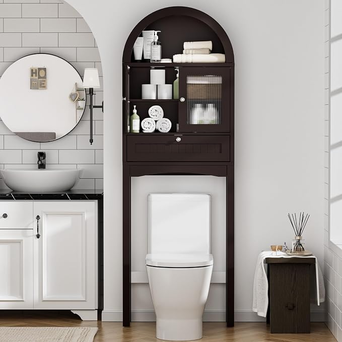 Spurgehom Over The Toilet Storage Cabinet with Glass Door (Coffee) | Freestanding Bathroom Shelf Equipped with Anti-Tipping Device, Space-Saving Vertical Toiletries Storage Cabinet