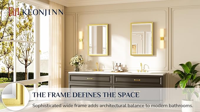 Keonjinn 20" x 30" Gold Bathroom Mirror for Over Sink, Aluminum Alloy Frame | Safe Tempered Glass, Effortless French Cleat Installation, Shatterproof, Rectangle Transitional Gold Vanity Mirror for Wall