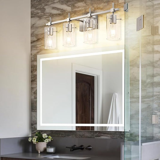SOLFART 4 Light Bathroom Vanity Lights Bathroom Lights Over Mirror Vintage Bath Lighting Brushed Nickel Wall Sconce with Glass Shade