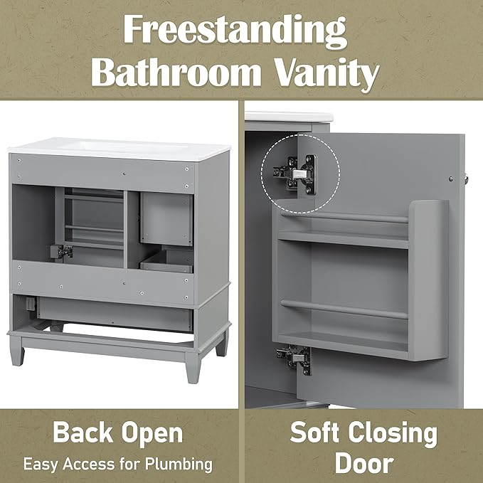 30" Vanity with Sink, Bathroom Vanities 30 Inch with Sink, Single Sink Bathroom Vanity with Shelf and Three Drawers, Soft Close Door, Restroom Vanity with Sink Top (Grey)