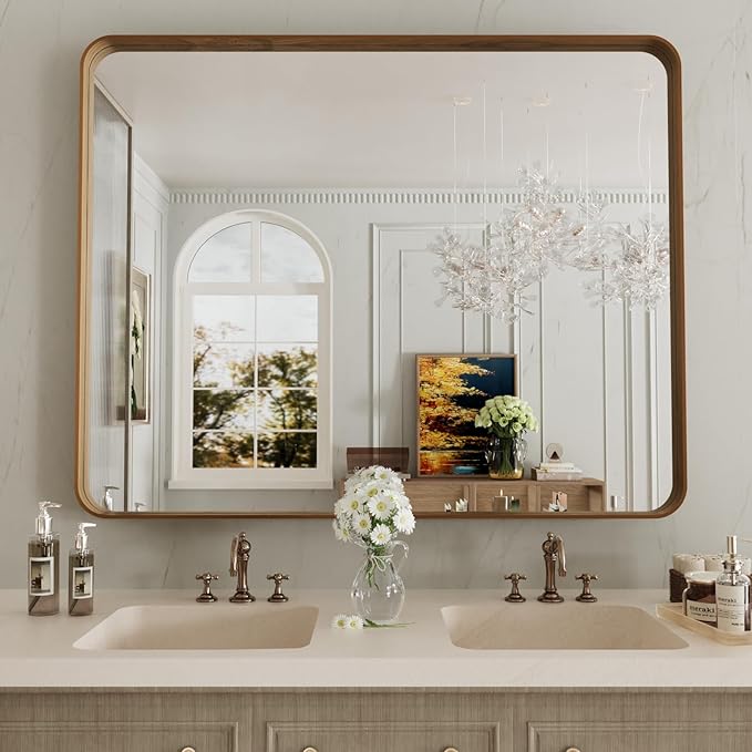 LOAAO 40X32 Inch Bathroom Mirror with Wood Grain Colored Metal Frame | Rounded Rectangle Metal Framed, Anti-Rust, Hangs Horizontally or Vertically, Tempered Glass