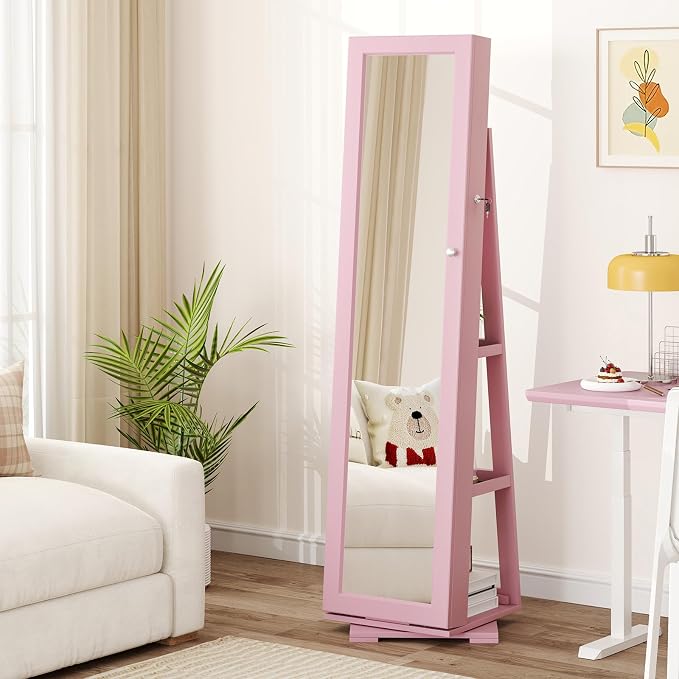 GOFLAME 360° Rotating Jewelry Armoire, Lockable Jewelry Cabinet with Full-Length Mirror & Inner Makeup Mirror, Standing Jewelry Storage Organizer with Rear Storage Shelves, Pink
