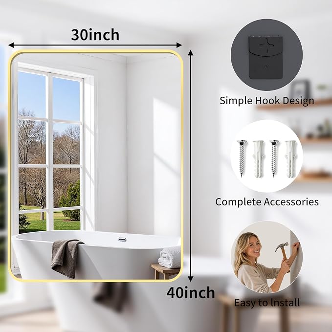 Bathroom Mirror for Wall, 30"x40" Black Bathroom Mirror for Over Sink, Shatterproof Tempered Glass Vanity Mirror with Anti-Rust Aluminum Alloy Frame, Hang Horizontally or Vertically, Gold