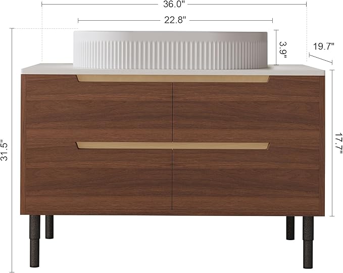36 inch Bathroom Vanity with Sink and Countertop, Modern Freestanding Bathroom Vanity Cabinet with Oval Ceramic Vessel Sink, 4 Soft Closing Drawers, Adjustable Metal Legs, 2-in-1 Installation, Walnut