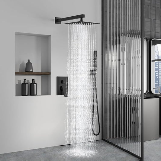 Aolemi Shower Faucet Set with Handheld Matte Black 12 Inch Head | Pressure Balance Shower Valve and Trim Kit,SUS304 Rain Head and Handle System,All Metal,Wall Mount,Bathroom,Handheld Spray