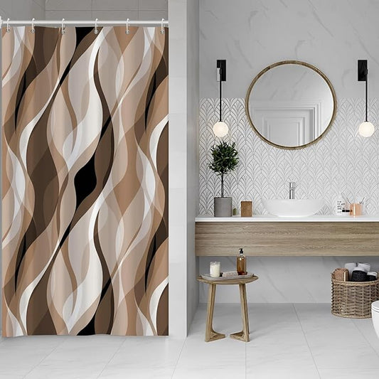 Brown Shower Curtain, Modern Abstract Grey and Brown Striped Shower Curtain Set for Bathroom Waterproof Tan Shower Curtain with Hooks, 48x72 Inch