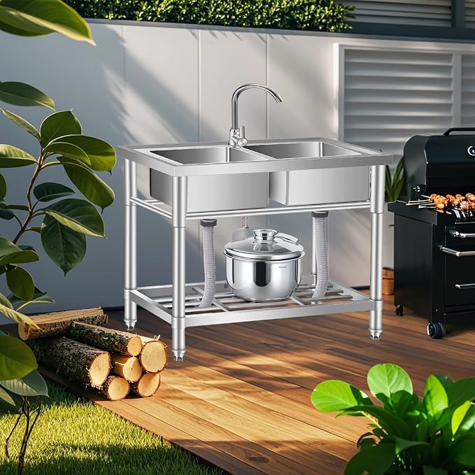 Stainless Steel Utility Sink Free Standing, 33 in Laundry Sink | Double Bowl Commercial Sink with Cold and Hot Water Pipe, for Laundry Room Bathroom Farmhouse Litchen