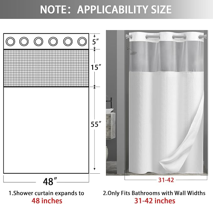 No Hook Shower Curtain with Liner Set Hotel Waffle Curtain White 48W X 75L | Washable Snap in Fabric Liner, Mesh Top Window, Waffle Hotel Style Shower Curtain Set
