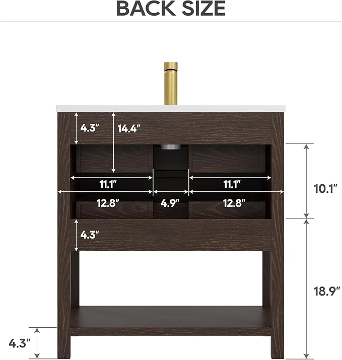 30 Inch Bathroom Vanity with Sink, Farmhouse Storage Cabinet with Drawers & Open Storage Shelf, Easy Assembly, Adjustable Feet, Walnut