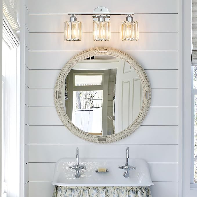 Modern 3 Light Crystal Vanity Light, Chrome Vertical Bathroom Light Fixture Over Mirror for Dressing Table Sink, Compatible with Dimmable Bulbs (Bulbs Not Included)