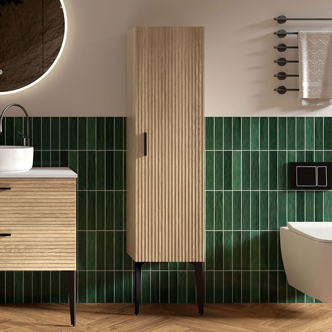 14" Bathroom Side Cabinet, Modern Striped Storage Cabinet with Soft-Closing Door, Adjustable Shelves & Metal Legs, Large Storage for Small Bathroom, Natural Oak, Cypress Collection