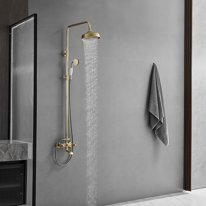 BWE Exposed Bathroom Shower Faucet Set Antique Brass Bathroom Shower Faucet Triple Functions 8 Inch Rainfall Shower Head Handheld Spray with Tub Spout Exposed Shower System Double Handle