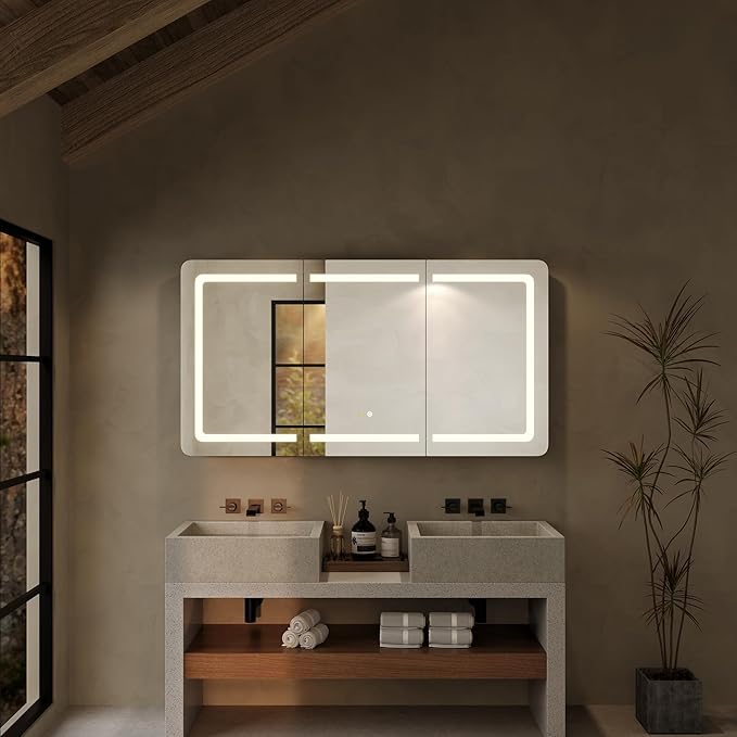 60''x32'' LED Bathroom Mirror Cabinet with Lights, Wall Mounted or Recessed Medicine Cabinet, Dimmable Front& Anti-Fog, Adjustable Shelves, Modern Aluminum Storage Cabinet (60x32 in | 3 Doors)