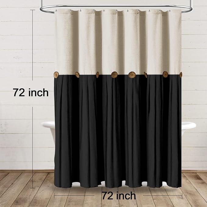 Farmhouse Shower Curtain Linen Button Cream-Black 72" W x 72" L | Farmhouse Style, Chic Button, Striped, Linen Fabric, Rustic, Country, Natural Look, Washable, for Bathroom Bathtub