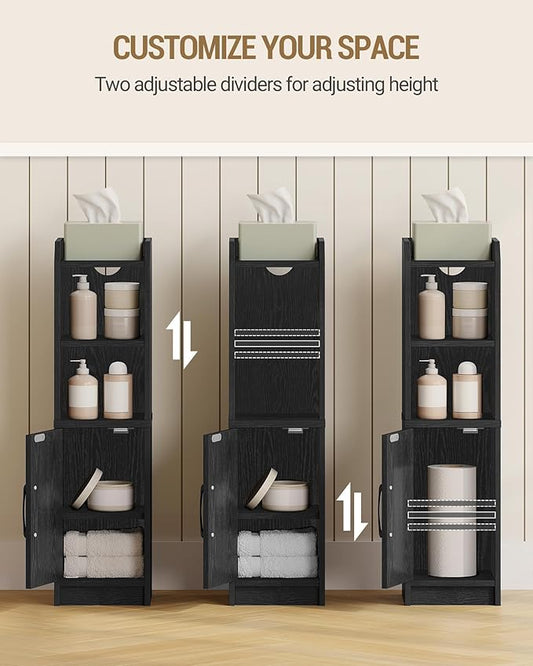 Bathroom Storage Cabinet, Small Farmhouse Corner Floor Cabinet with Door and Shelves, Narrow Toilet Paper Holder Stand, Bathroom Organizer with Adjustable Shelf, for Small Spaces, Black