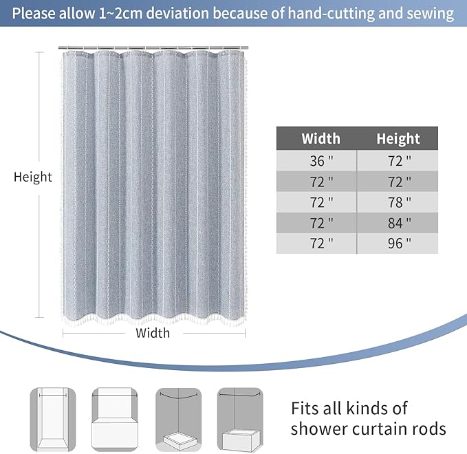 Boho Farmhouse Tassel Linen Shower Curtain,3D Embroidery Stripe Blue,72x96 | Extra Long Xl,310GSM Heavy Duty Cloth,Water Repellent,Wrinkle Resistant,Vintage Rustic Country design,12 Plastic Hooks