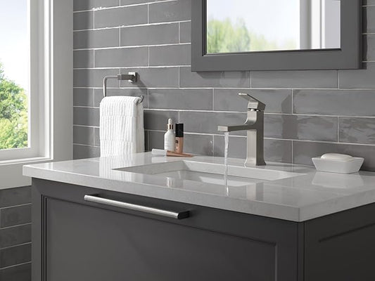 Delta Velum Brushed Nickel Bathroom Faucet 1 Hole, Single Hole Bathroom Sink Faucet for Vanity, Metal Push-Pop Drain Assembly, Stainless 537-SSMPU-DST