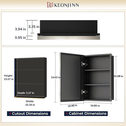 Keonjinn 16" x 24" Medicine Cabinets with Mirror for Bathroom, Brushed Nickel Recessed or Surface Wall-Mounted Aluminum Alloy Framed Beveled Mirror, Farmhouse Bathroom Mirror with Storage Cabinet