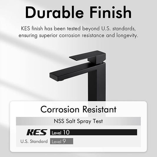 KES Vessel Sink Faucet, Black Bathroom Faucets, Tall Bathroom Faucets with Sink Drain with Overflow, L3156BLFF12-BK-C1