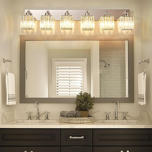 Modern Bathroom Vanity Light 6-Lights Modern Chrome Crystal Bathroom Wall Light Large Vanity Light Fixtures Over Mirror