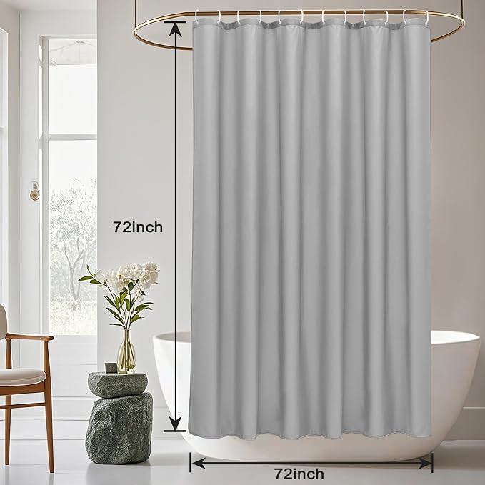 AooHome Hotel Shower Curtain Liner, Fabric Light Grey Shower Curtain with Hooks, Waterproof, 72 x 72 Inch